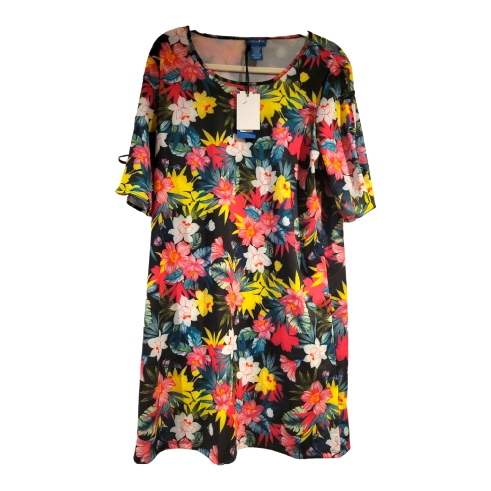Caribbean Joe Dress Womens L Large Tropical Print Notch Sleeve
